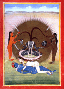 A decapitated, nude, four-armed, grey-complexioned woman seats on a lotus over a copulating couple. She holds her own severed head, a skull-cup, a serpent and a sword. Three streams of blood from her neck feed her head and two nude, standing women (a orange one and another brown-coloured)  holding a sword and a skull-cup, who flank her.