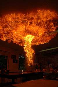 A pillar of fire erupts from a pan and spreads across the ceiling above.