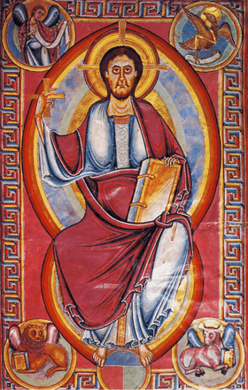 Robed in red, over a blue tunic, Christ, haloed in gold, is sat in centre-screen, holding a cross in his right hand and a book in his left. Miniatures in each corner show images such as an angel and a winged lion.