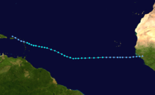 Map of a track through a portion of the Atlantic Ocean. The track spans from western Africa to the eastern Caribbean Sea. Northeastern South America can be seen in the bottom left of the image.