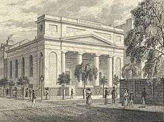 Detailed drawing of a Greek Revival style church.