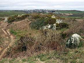 View of Clegyr Boia. The eastern end of the hillfort/rock mound looking over to the city of St Davids clustered around the cathedral at its core, the lowest point.