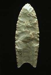 "A Clovis blade with medium to large lanceolate spear-knife points. Side is parallel to convex and exhibit careful pressure flaking along the blade edge. The broadest area is near the midsection or toward the base. The Base is distinctly concave with a characteristic flute or channel flake removed from one or, more commonly, both surfaces of the blade. The lower edges of the blade and base is ground to dull edges for hafting. Clovis points also tend to be thicker than the typically thin later stage  Folsom points. Length: 4–20 cm/1.5–8 in. Width: 2.5–5 cm/1–2
