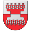 A coat of arms depicting five red leaves in a straight, horizontal row on a grey background at the top and five grey leaves on a red background at the bottom