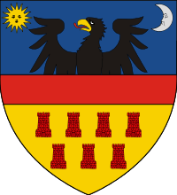 Blue, red and yellow shield with an eagle, the sun, moon and seven castle turrets