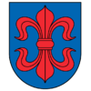 A coat of arms depicting a large, red fleur-de-lis that has a horizontal symmetry axis all on a blue background bordered by a black line