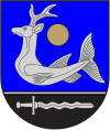 A coat of arms depicting a grey animal with the body of a fish and the head of a deer on a blue background at the top and a sword on the bottom