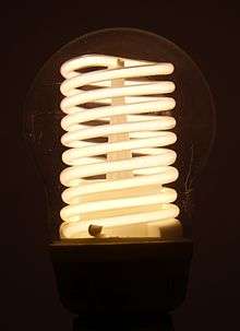 A photo of an illuminated compact fluorescent lamp (CFL) of the cold cathode variety