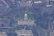 An aerial view of the Connecticut State Capitol