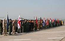 Hundreds of soldiers in military uniforms stand behind a line on a tarmac with 14 flags held by individuals at the front.