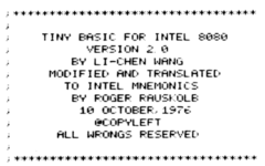 Monospaced font reads "Tiny basic for Intel 8080, version 2.0 by Li-Chen Wang, modified and translated to Intel mnemonics by Roger Rausklob, 10 October 1976. @ Copyleft, All Wrongs Reserved."