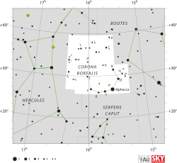 Diagram showing star positions and boundaries of the constellation of Corona Borealis and its surroundings