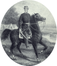 Lithograph depicting a man wearing a military kepi and frock coat with sword in hand and mounted on a black horse
