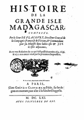 Cover page of Flacourt's book "Histoire de la grande isle Madagascar"