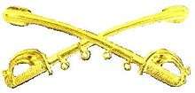 A computer generated reproduction of the insignia of the Union Army cavalry branch. The insignia is displayed in gold and consists of two sheathed swords crossing over each other at a 45 degree angle pointing upwards