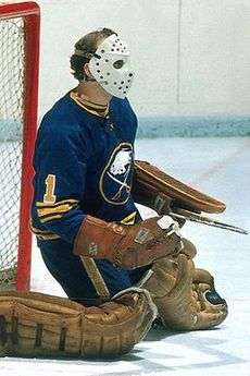 Roger Crozier is wearing a predominantly blue jersey, white mask, along with a brown glove, blocker, and pads. He is kneeling on the ice while holding a goalie stick. Located in the middle of his jersey, is the Sabres' logo, which consists of a buffalo on top of two crossed sabres.