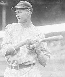 A man wearing a pinstriped white baseball uniform holds a baseball bat over his left shoulder.