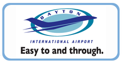 Logo for Dayton International Airport containing airport name, aircraft silhouette, and the slogan "Easy to and through."