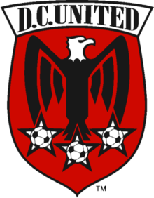 A shield with stylized black eagle facing right on a red field under the words "D.C. United". Below the eagle are three white stars with soccer balls.