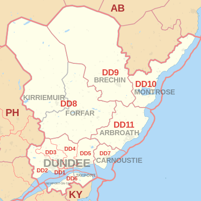 DD postcode area map, showing postcode districts, post towns and neighbouring postcode areas.