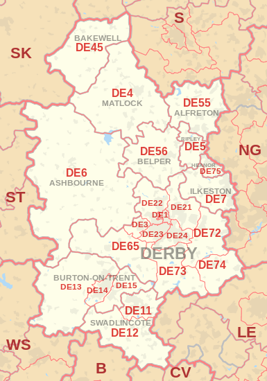 DE postcode area map, showing postcode districts, post towns and neighbouring postcode areas.