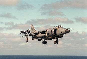 Grey jet aircraft with black radome and large engine inlet hovering with undercarriage extended. It is obscuring another identical jet in the distance. Near the bottom of the photograph, taken out at sea, is the horizon