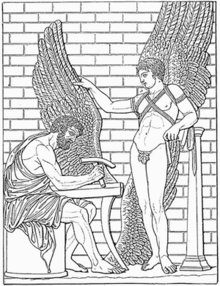 A black-and-white illustration of two figures, one bearded, sitting and building a pair of wings, another younger wearing a pair of wings.