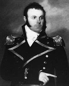Black and white painting of side-burned 30-something man in naval uniform