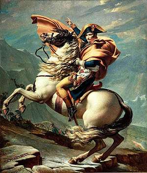 Highly-detailed painting of a military figure charging uphill on a white horse. The man is wearing a blue jacket and pants and an orange cloak, and pointing upwards. The horse is rearing.