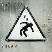 A signpost with an image of a man being struck by electricity. White text surrounding it reads "The Big Dream David Lynch".