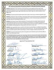 Salt Lake County joint Commemorative Resolution signed by mayor and nine council members