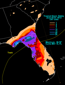 A map depicting rainfall totals produced across the southeastern United States from a disorganized tropical cyclone