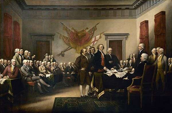 depicts the five-man committee presenting the draft of the Declaration of Independence to Congress.