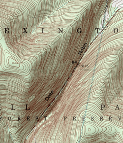 A topographic map with brown contour lines on a green background showing a steep cleft with a road at its bottom. The words "Deep Notch" run along the road