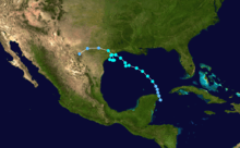 The track of a tropical storm starts along the eastern tip of the Yucatán Peninsula. It heads northwestward into the Gulf of Mexico, and on reaching a position south of Louisiana, it meanders erratically towards Texas.
