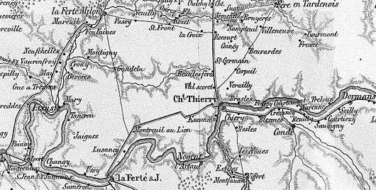 Old map shows the area on the Marne River between Meaux (west) and Dormans (east) with Chateau-Thierry in the center.