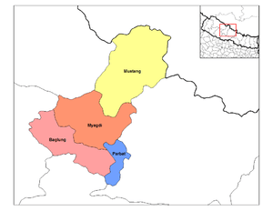 Location of Mustang District (yellow), one of four districts in the Dhawalagiri Zone, Nepal.