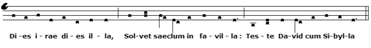 The "Dies Irae" melody in four-line neumatic chant notation.
