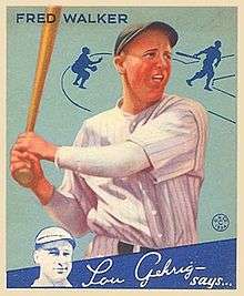 A baseball card image of a man in a white pinstriped baseball uniform holding a light-colored baseball bat in both hands; above his head, it reads "Fred Walker", the player's given name