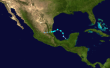 An image depicting the track of a short-lived tropical storm within the Bay of Campeche.