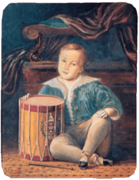Painting of a young child who is sitting on the floor and leaning against a military-style drum