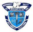 A predominantly blue and silver logo, shaped as a shield. "Dougherty Valley Est. 2007" is written on a banner above the shield, as well as "DV Wildcats". Underneath the shield is a banner with the text "San Ramon, California". The shield itself contains symbols in four quadrants; clockwise from the top left, they are a scroll and quill, a torch in the center, a mask and harp, a shoe with wings, and an atom.