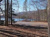 View of the Douthat State Park lake from boat launch area showing blue sky, trees, mountains and water