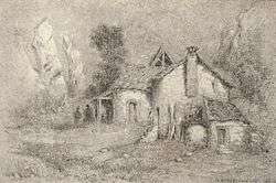 A finished sketch in graphite or charcoal depicting an old country cottage surrounded by trees, shrubs and outbuildings