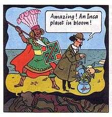 Tintin is shown dreaming; in his dream we see Calculus dowsing towards a plant that has blossomed skulls and is potted into a fish bowl; an Inca dressed in ceremonial attire is behind him raising a spear.