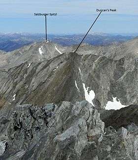 A photo of Salzburger Spitzl viewed the summit of Hyndman Peak with Duncan's Peak