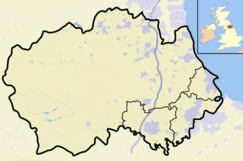 Map of County Durham with a red dot representing the location of the Hawthorn Dene SSSI