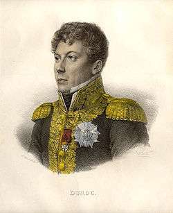 Colored print of a clean-shaven man in a high-collared dark uniform coat with gold epaulettes and gold braid. He looks to the viewer's left.