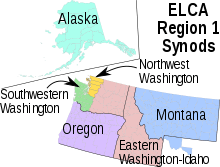 A map of the northwest US and Alaska showing the ELCA synods of Region 1