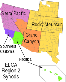 A map of the southwest US showing the ELCA synods of Region 2